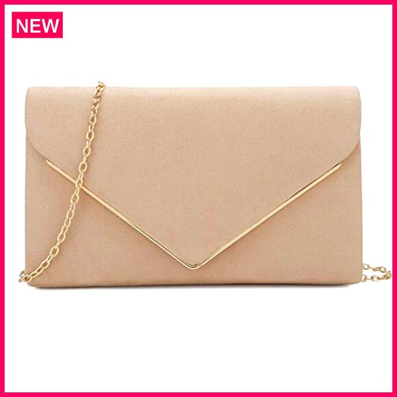 Faux Suede Clutch Bag with Metal Binding, Detachable Chain Strap for Evening